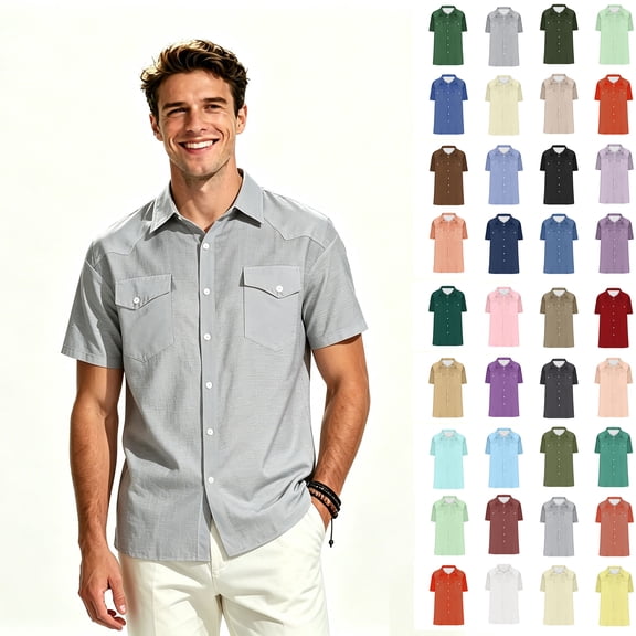 ClodeEU Men's Western Short Sleeve Dual Chest Flap Pocket Button Down Shirt,Big and Tall ,Size S-5XL