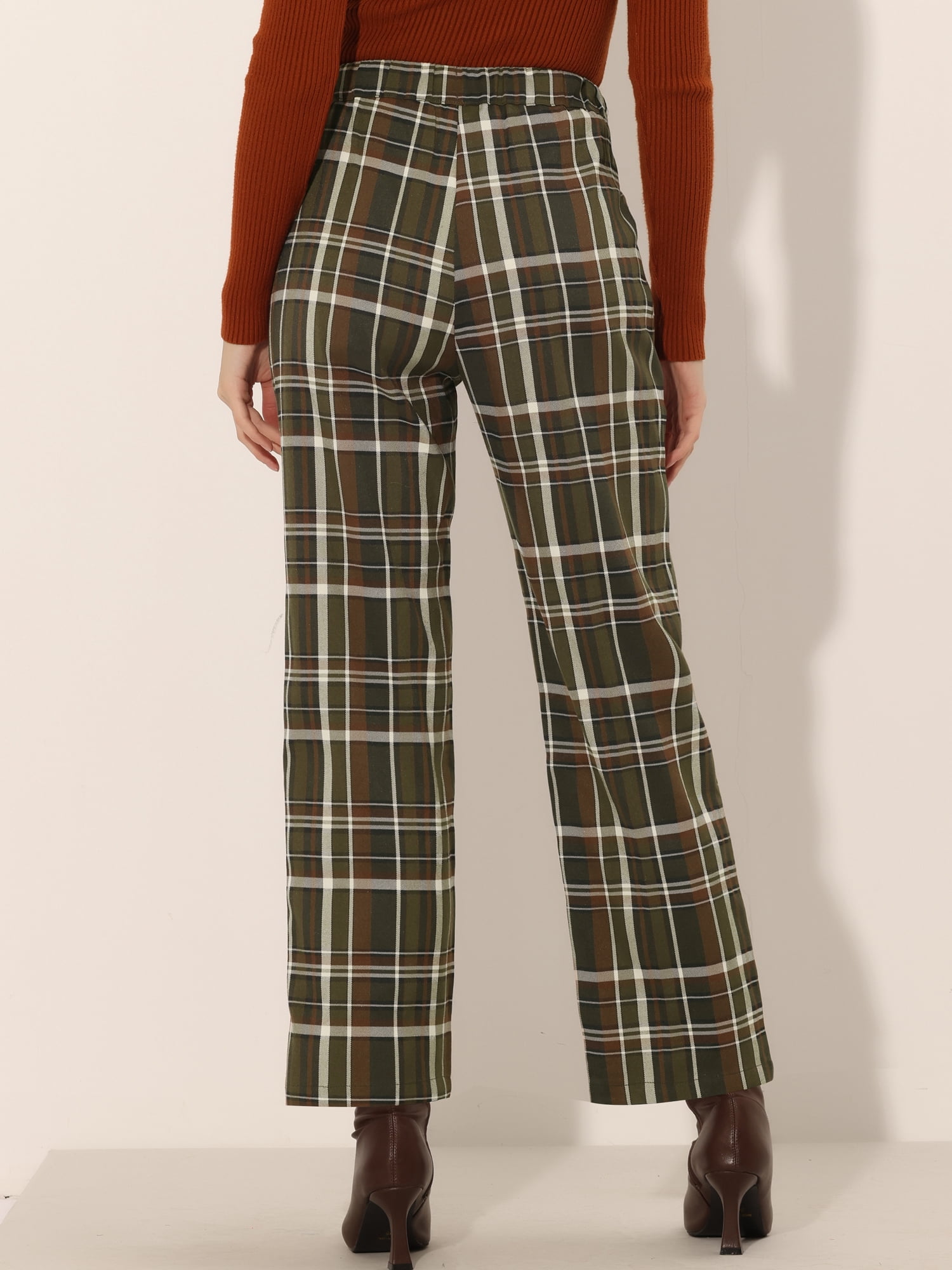DARING DIVA Women's Plaid Trousers Pockets Straight Leg Casual Pant XS Army Green