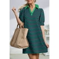 thumbnail image 3 of Women'S Summer Casual Striped V Neck Short Sleeve Flowy A Line Mini Dresses Dark Green Hid Green M, 3 of 8