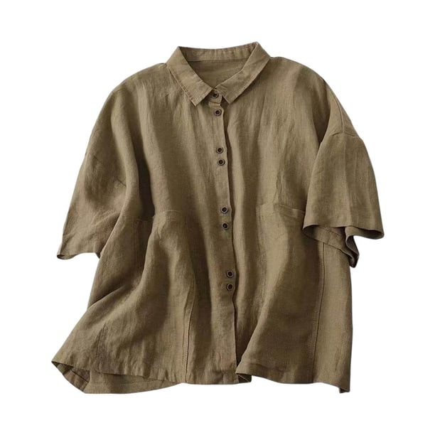 Mujeres de Algodón de Verano Tops de Color Sólido Casual Mediano de Manga Corta Cuello Redondo, Camisa de Lino de Algodón Transpirable