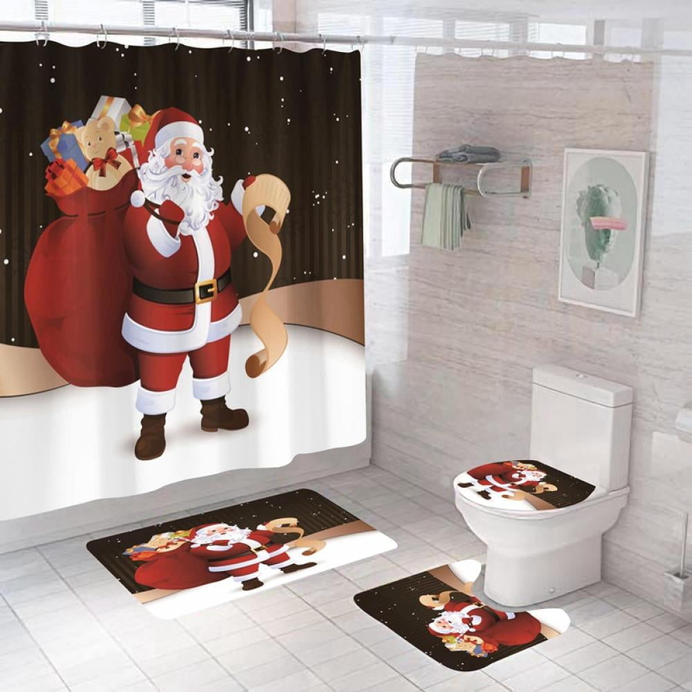 180CM Bathroom Shower Curtain Xmas Santa Claus Toilet Cover Mat Non-Slip Rug Set 