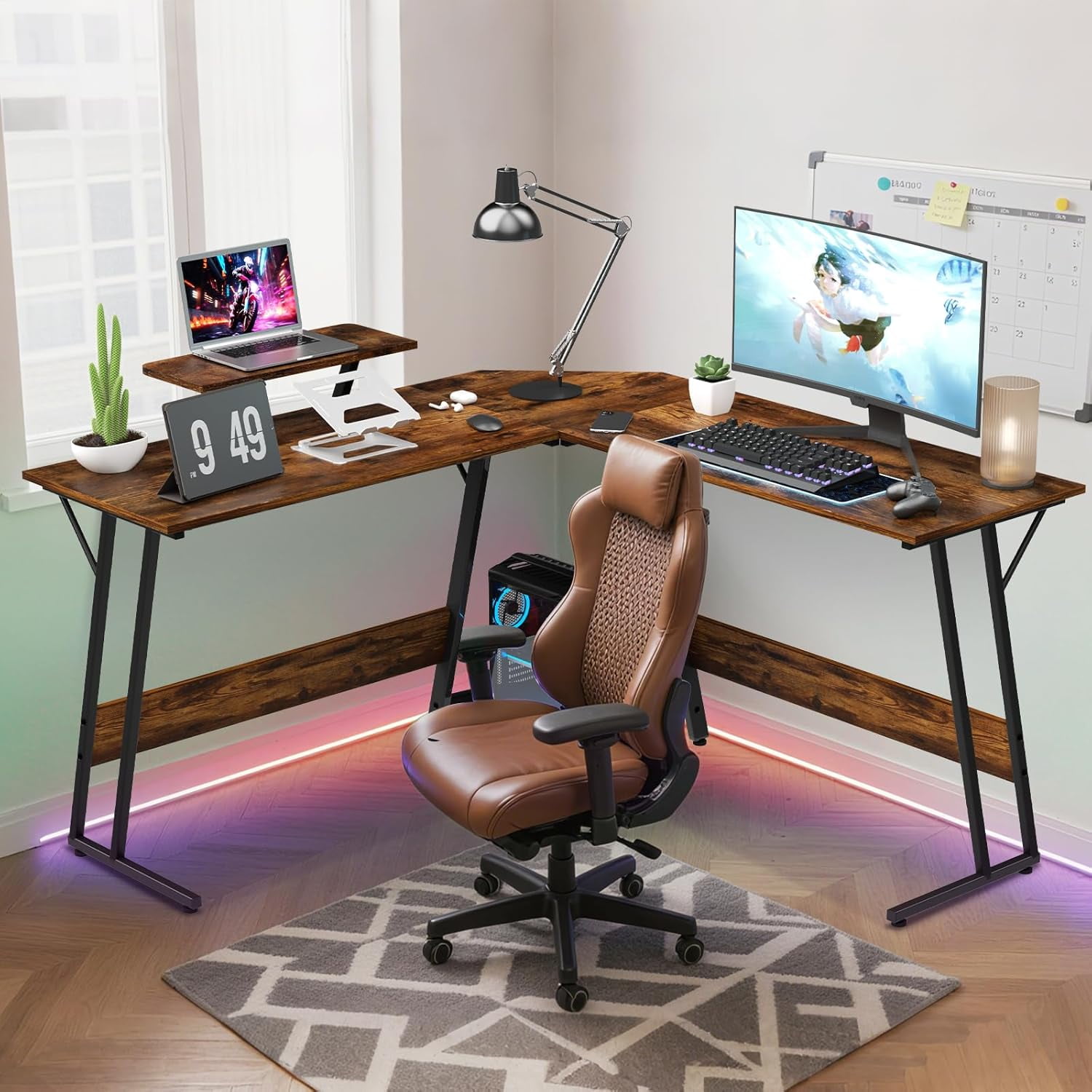 CL.HPAHKL L Shaped Gaming Desk, Corner Computer Desk Table with Monitor Stand for Home Office Study Writing, Brown