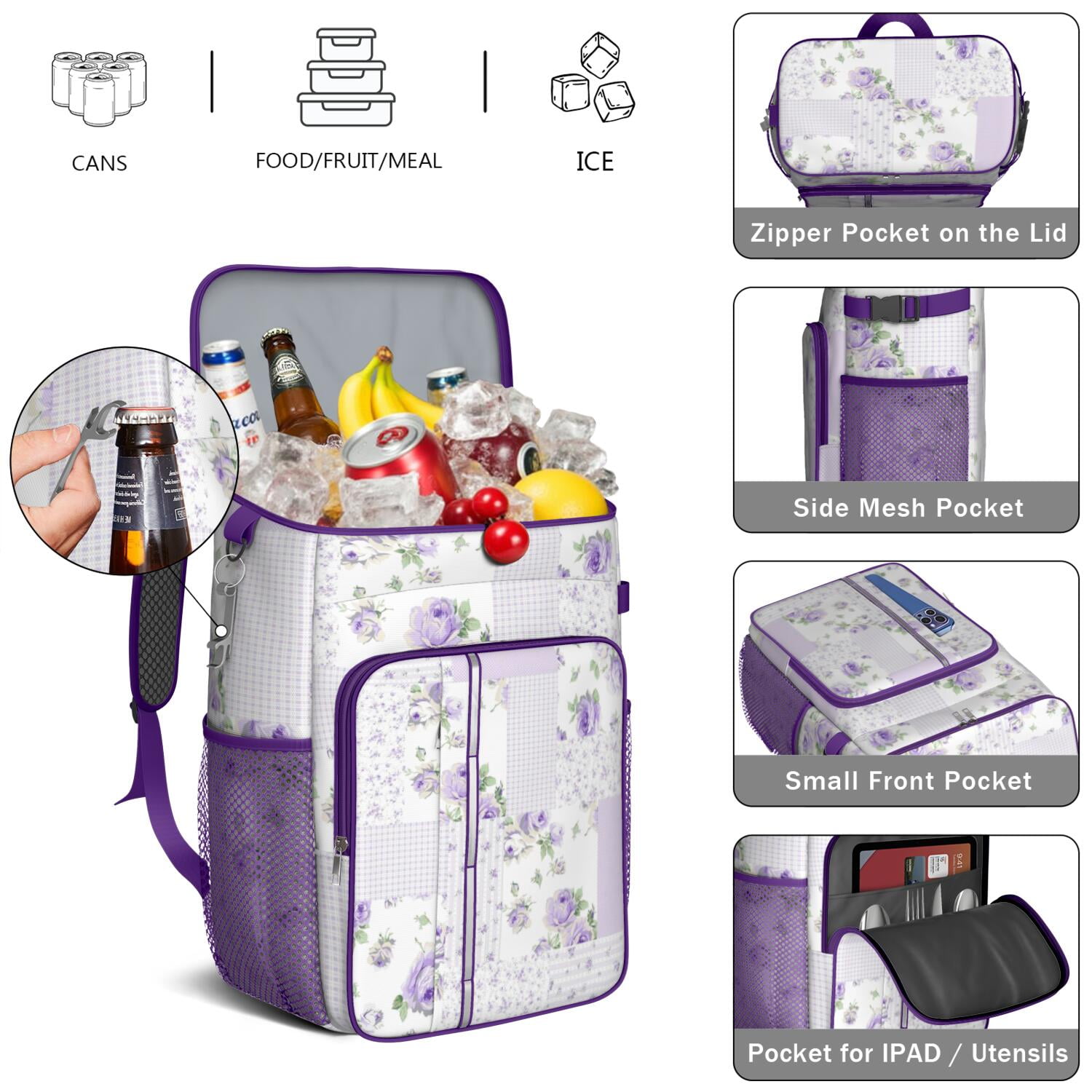 Travel Cooler Bag - Pioneer Flower Floral Print Pattern Camping Beer Cooler Backpack with Bottle Opener- Waterproof Insulated Picnic Backpacks - Cooler Bag for Beach
