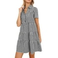 thumbnail image 4 of Gingham Dress Women V Neck Short Sleeve Button Front Vintage Plaid Swing Tiered Loose Midi Dresses XS Black, 4 of 6