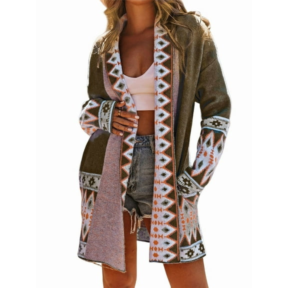 Cardigan for Women Long Sleeve Contrasting Color Print Open Front Knit Oversized Cardigan Brown XL