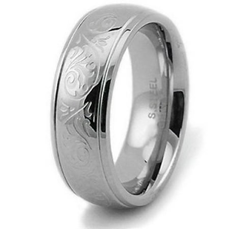 - Stainless Steel Embossed Filigree Floral Wedding Band Ring