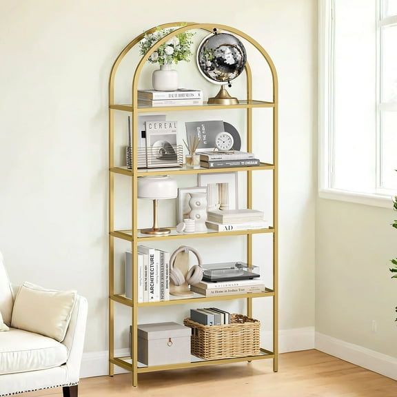 LEDREM 5-Tier Glass Bookshelf - Modern Display Shelf with Metal Frame, 22lb Capacity per Shelf, Gold