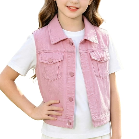 AVRNLIQ Kids Pink Denim Vest - Sleeveless Jean Jacket for Girls with Pockets,Size 7 T