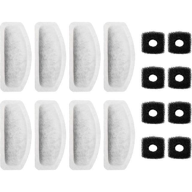 Filtro de Fuente de Agua para Gatos de 16 Pzas/set para Fuente de Mascotas de Acero Satinado de 67Oz, Filtro de Fuente para Perros y Gatos de Reemplazo con Esponjas de Bomba (8 Filtros y 8 Esponjas)