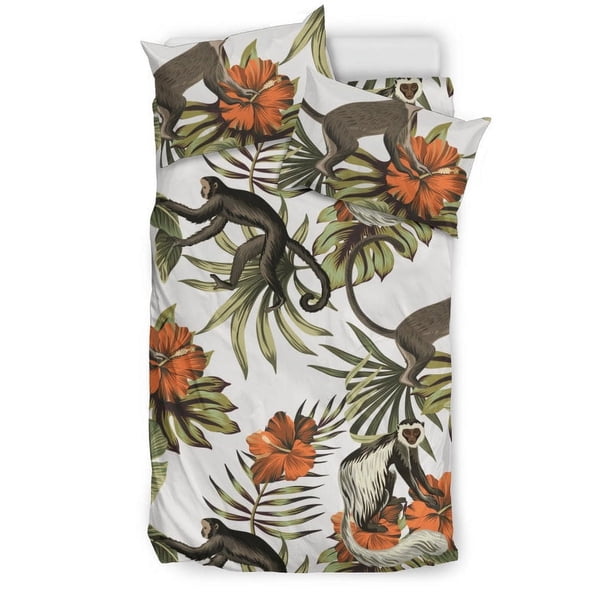 Mono Rojo Hibiscus Flor Hojas de Palma Floral Patrón Ropa de Cama Set