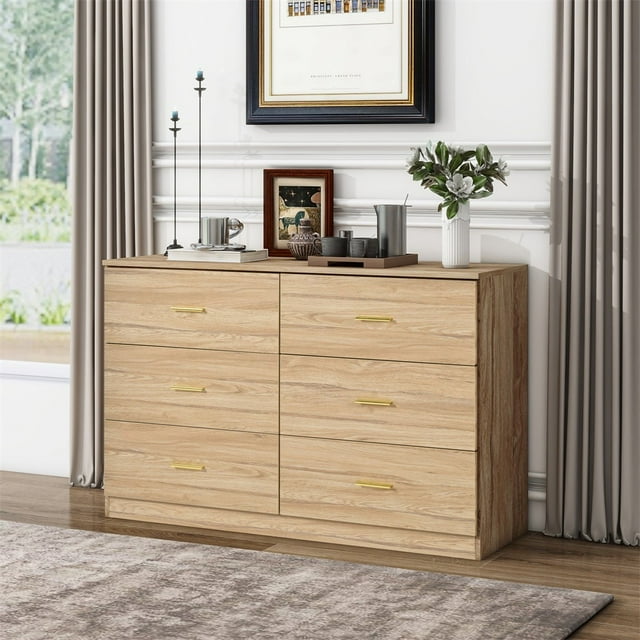 Kadyn 6 Drawer Dresser, Modern Natural Dresser with 6 Drawers and Gold Handle, Storage Chest of Drawers for Bedroom, Living Room, Hallway, Entryway Kadyn 6 Drawer Dresser, Modern Natural Dresser with 6 Drawers and Gold Handle, Storage Chest of Drawers for Bedroom, Living Room, Hallway, Entryway