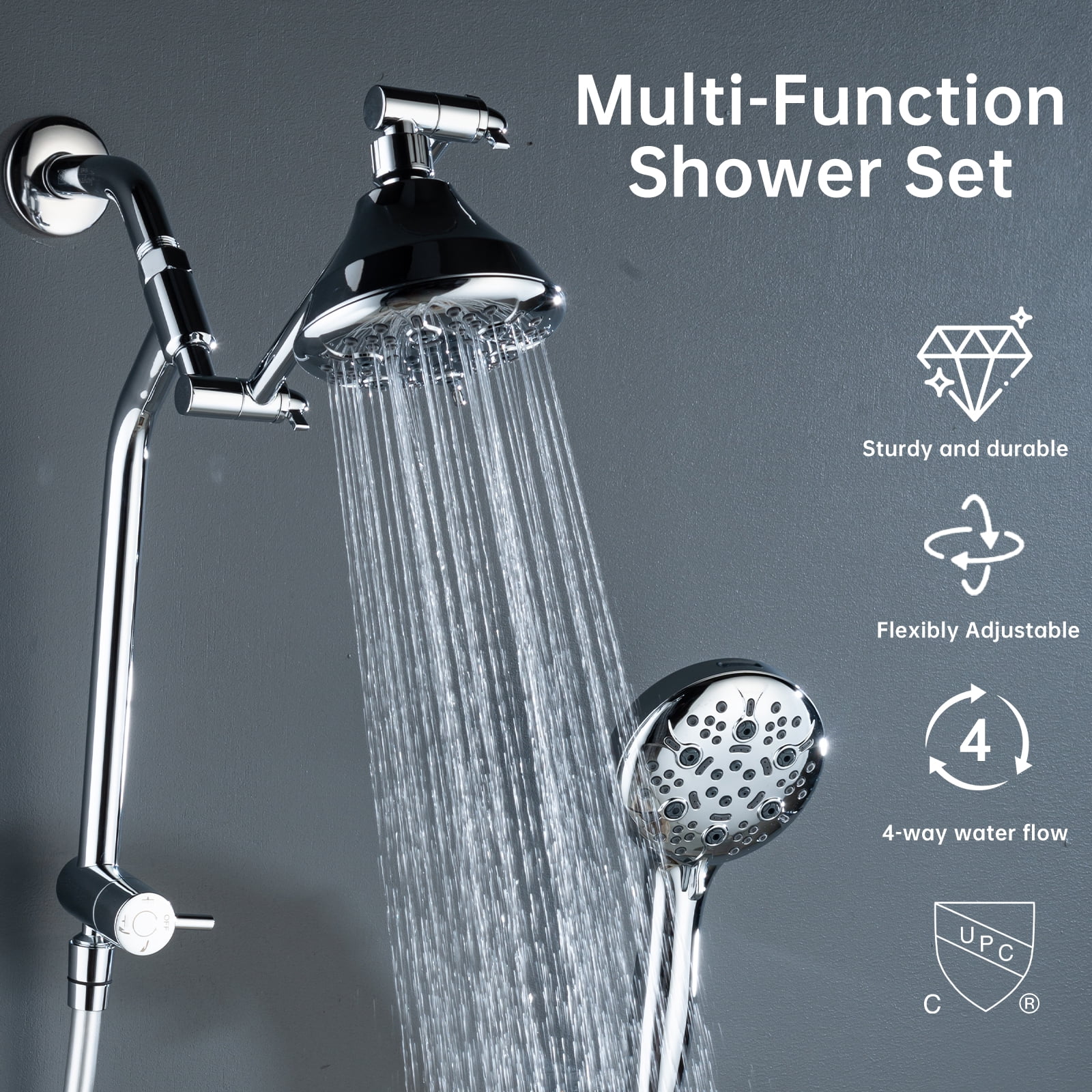 Joyrain Multi-angle adjustable showerhead& Handheld High-pressure 8 Spray Modes Shower Head, Rain Shower Combination with Multifunctional Adjustable Extension Arm