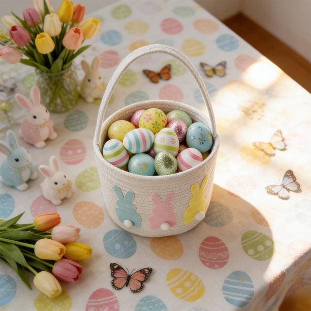 Decoraciones de Pascua, cestas de Pascua con conejito, cestas de algodón tejidas con conejito, lindos cubos de conejito con asa, rellenos de conejito, suministros de decoración para fiestas de huevos