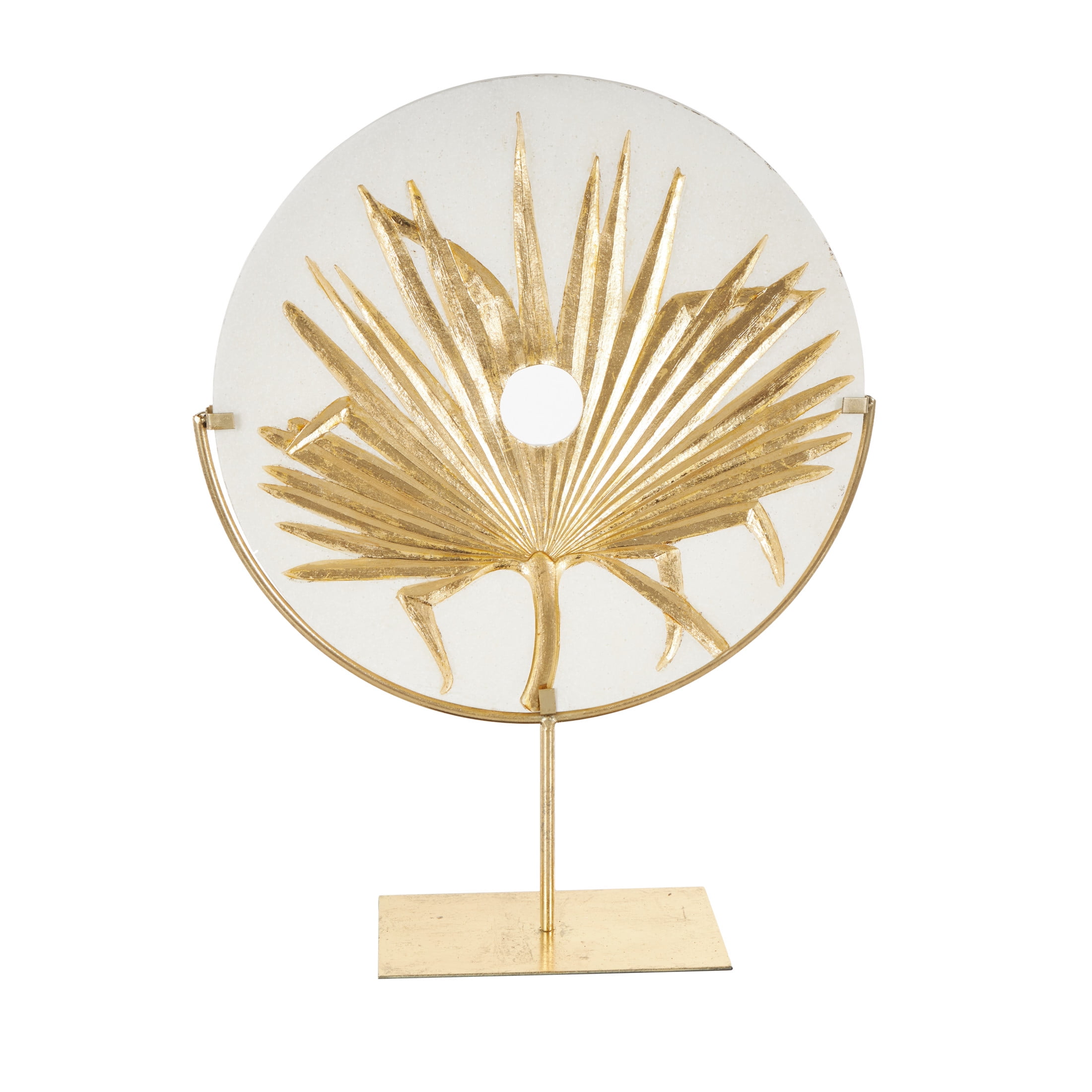 16" x 22" White Polystone Cutout Round Disk Leaf Sculpture with Gold Stand, by DecMode