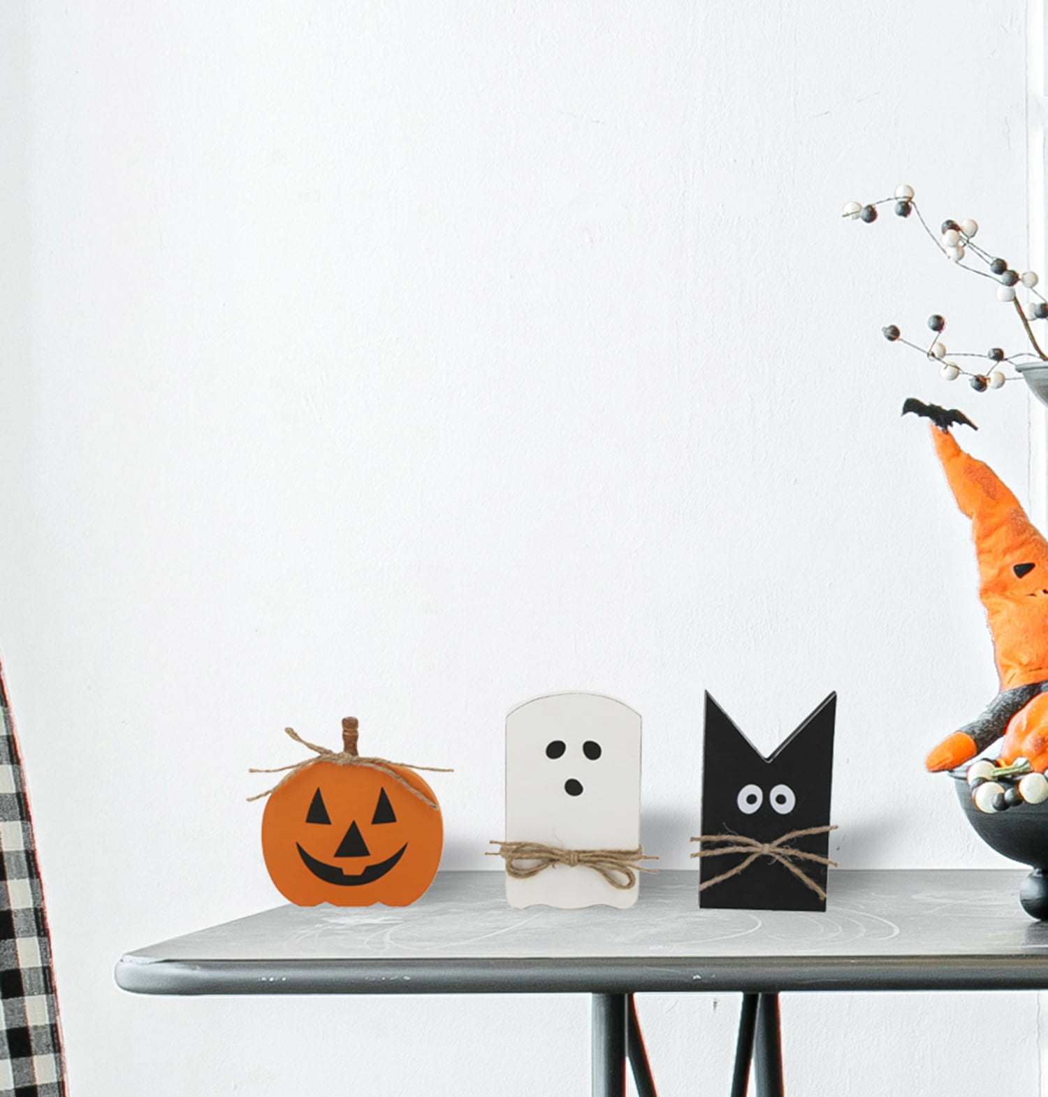 Halloween Table Decor Set of 3 Pumpkin Ghost Bat MDF Wood for Dining Room Mantle