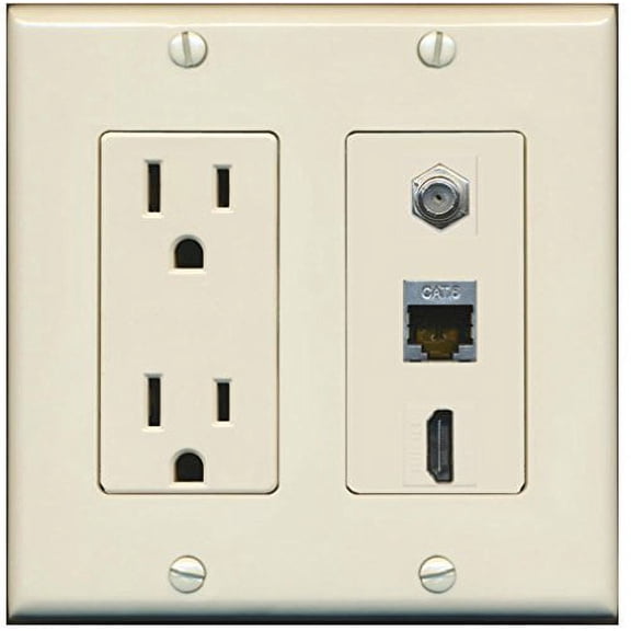 RiteAV - 15 Amp Power Outlet 1 Port HDMI Coax Shielded Cat6 Ethernet Ethernet Wall Plate - Light Almond