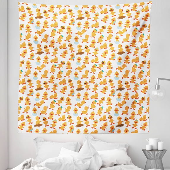 Birds Nest Tapestry, Funny Cartoon Pattern of Duck Characters in Different Poses Print, Fabric Wall Hanging Decor for Bedroom Living Room Dorm, 5 Sizes, Mustard and Burnt Orange, by Ambesonne