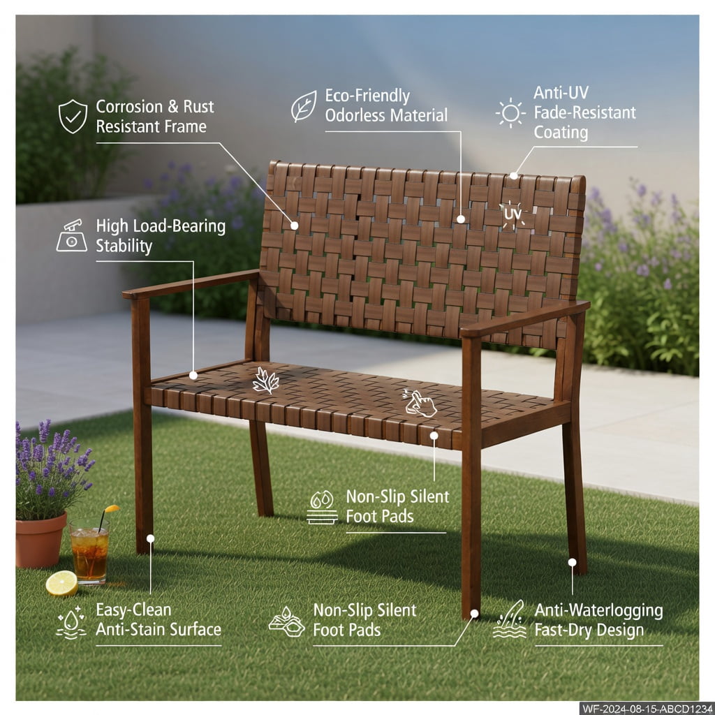 Hommoo All-Weather Outdoor Bench, Hand-Woven PU Leather Seat, Solid Rubber Wood Frame, Natural