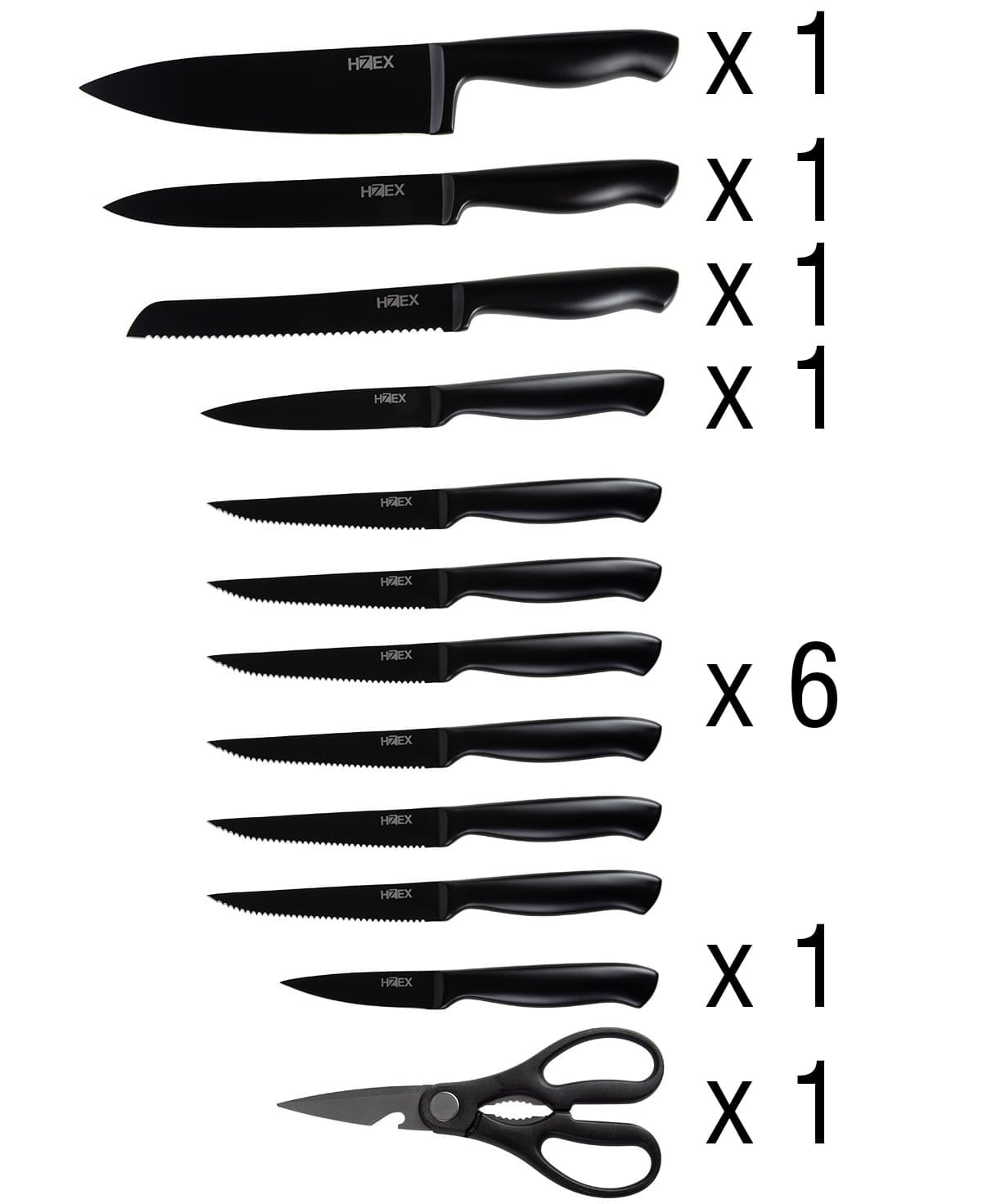 HZEX Premium Kitchen Knife Set, 13-Piece Knives Set in Block, Built-in Sharpener, High Carbon Stainless Steel Knives in Matte Black, Durable Chef's Butcher Steak Paring Utility Bread Knifes