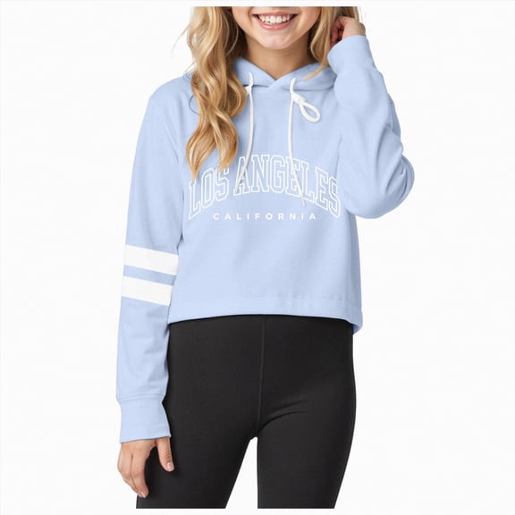 Ccpelsie Girl's Graphic Hoodie Long Sleeve Drop Shoulder Hooded Sweatshirts Loose Vintage Pullovers(Blue,12-13 Y)