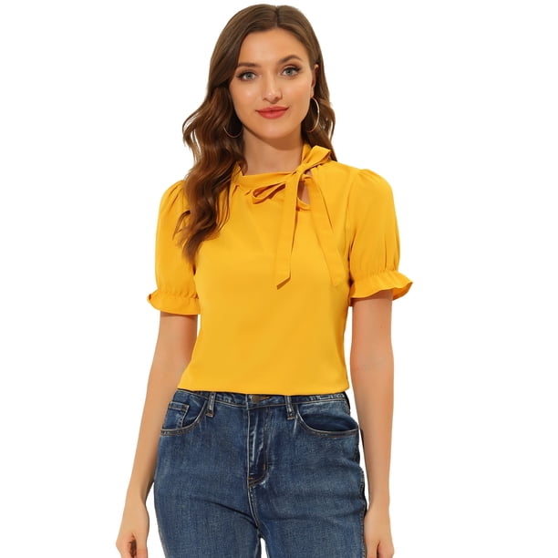 Top Elegante De BluDe ManCorDe OficiDe Las Camisas Del Cuello De PajariDe Las Mujeres Amarillo oscuro XS