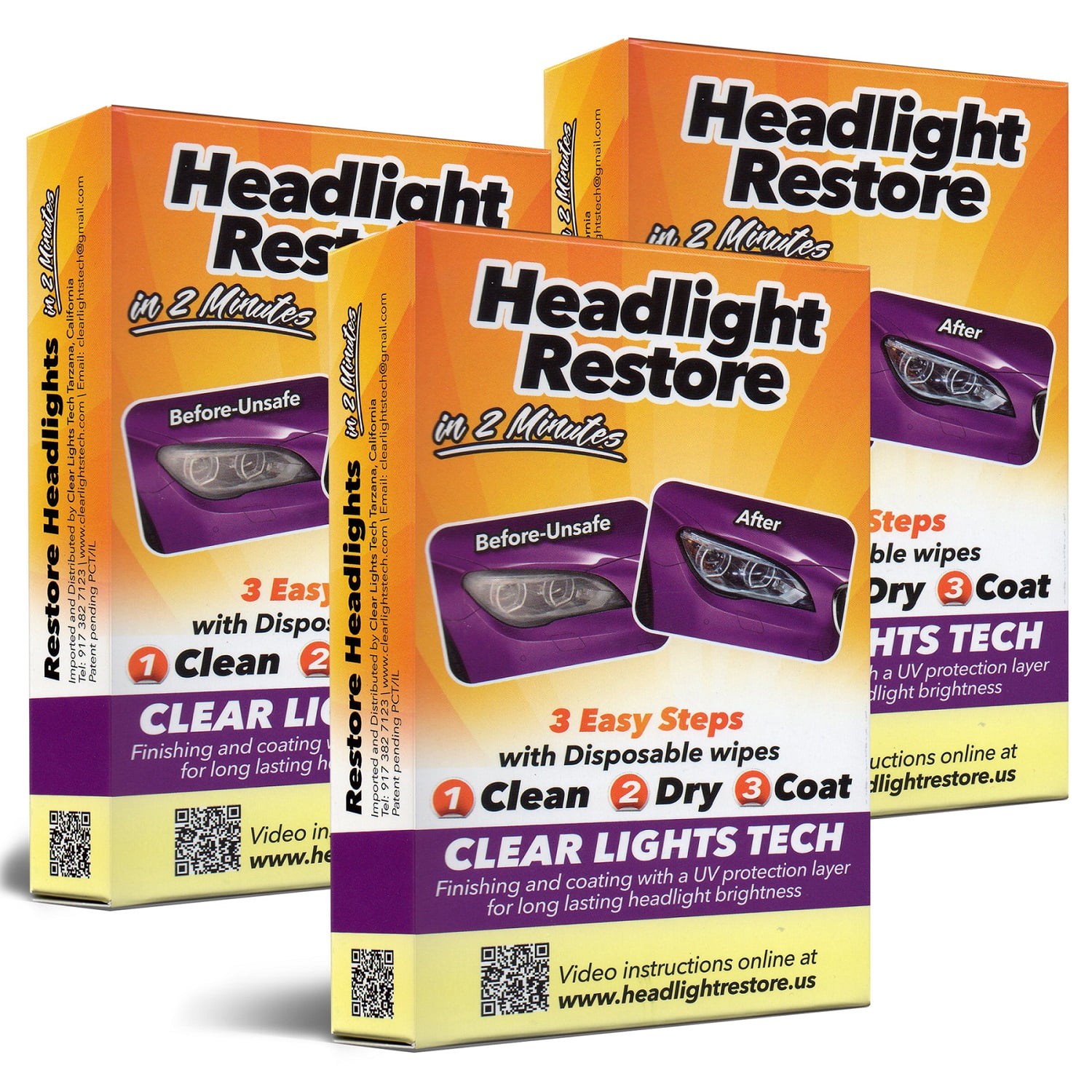 CLT Car Headlight Restoration Kit, Headlight Restorer Wipes (3
