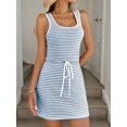 thumbnail image 2 of Women'S Drawstring Tie Waist Striped Knit Tank Dress Summer Sleeveless Square Neckline Mini Dress M, 2 of 9