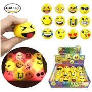 A Fun Set of 12 LED Flashing Emoji Face Squeeze Bouncy Balls (2 inches) - Stress Relief Rubber Toys for Kids and Adults, Party Favor, Anxiety Relief Toys, Pass time Toy, Circulation Healthy Toy