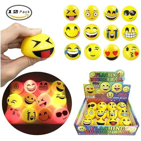 A Fun Set of 12 LED Flashing Emoji Face Squeeze Bouncy Balls (2 inches) - Stress Relief Rubber Toys for Kids and Adults, Party Favor, Anxiety Relief Toys, Pass time Toy, Circulation Healthy Toy