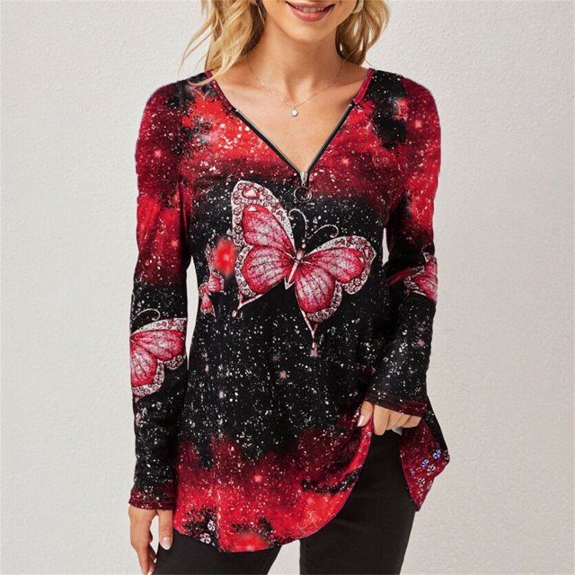 Tops para mujer, camiseta de talla grande con cuello en V y cremallera, Camiseta con estampado de mariposa de manga larga, Jersey informal, Tops para mujer 2021