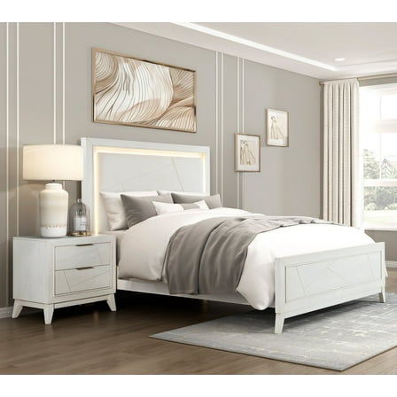 Antique White 3pc Bedroom Set LED Headboard King Bed and Two Nightstands Set Modern Design