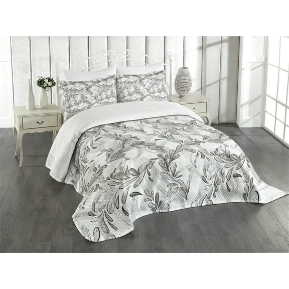 Ambesonne Grunge Quilted Bedspread Set 3 Pcs, Monochrome Sketch Leaf, Queen Size, White Black Grey
