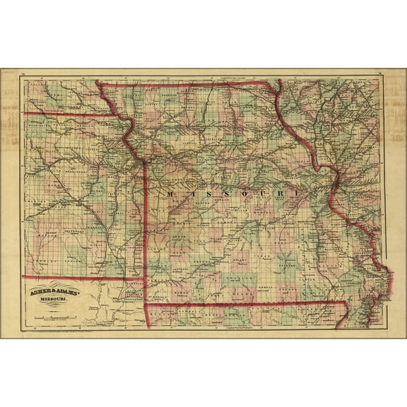 24"x36" Gallery Poster, 1872 railroad map & guide of Missouri