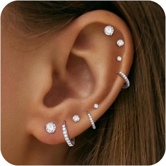 Gold Earrings for Women 14K Gold Plated Hypoallergenic Flat Back Earrings for Women Stud Hoop Cartilage Earring Set for Multiple Piercing, Sensitive Ears, Small CZ Jewelry[f498]