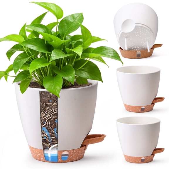 Self Watering Pots 6 Inch, 4-Pack White Plastic Planters with Drainage Holes & Water Reservoir for Indoor Plants, Herbs, Succulents | T4U