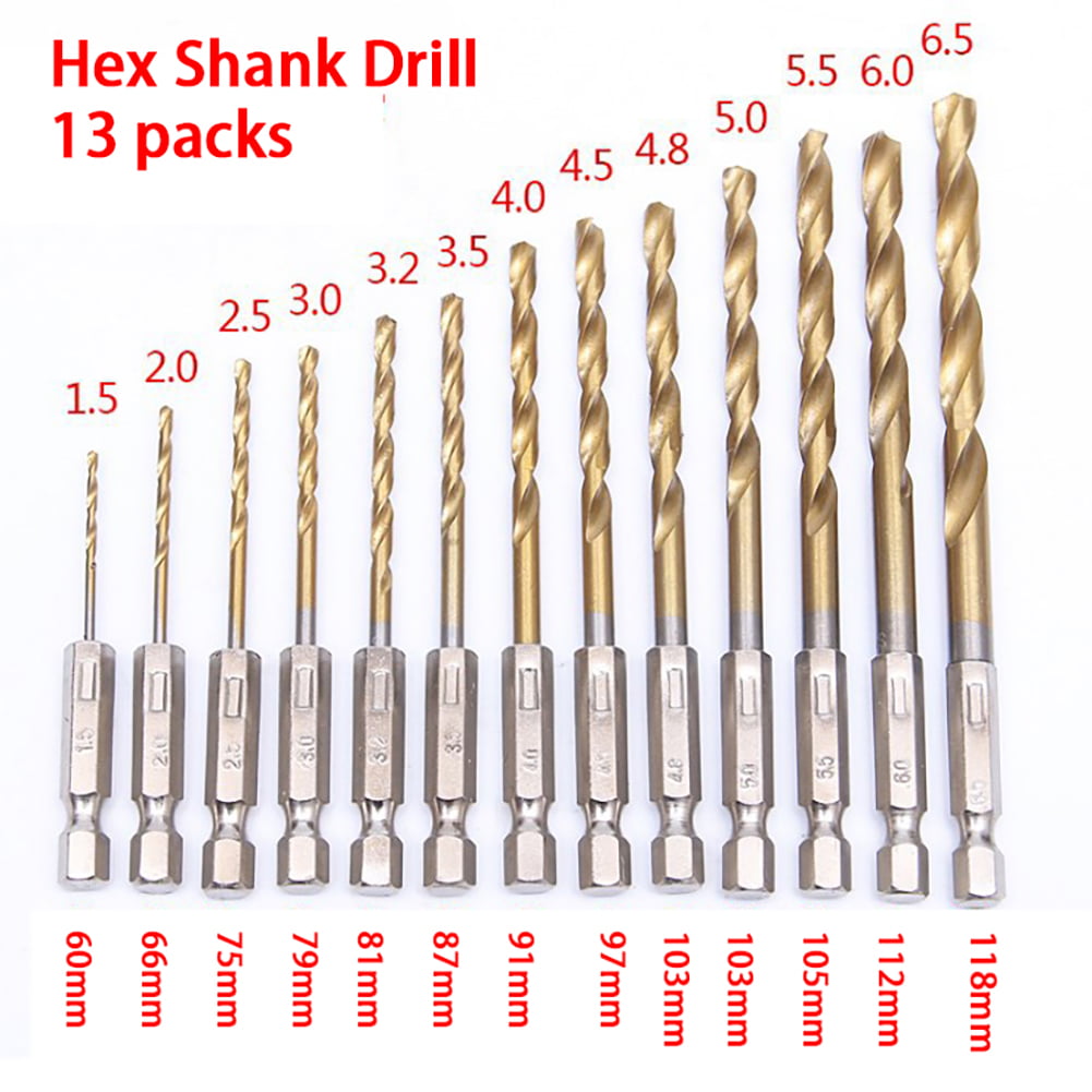 13pcs High Speed Steel Titanium Coated Drill Bit Set Hex Shank 1.5-6.5mm HSS