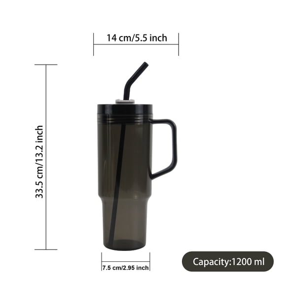 Vaso con agarradera Liso 1200 ml con popote, Negro
