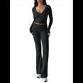thumbnail image 3 of Conjunto Deportivo de 2 Piezas para Mujer, Camiseta de Larga, Pantalones Acampanados con Solapa, Chándal Informal, Color Negro, Talla L, 3 of 8