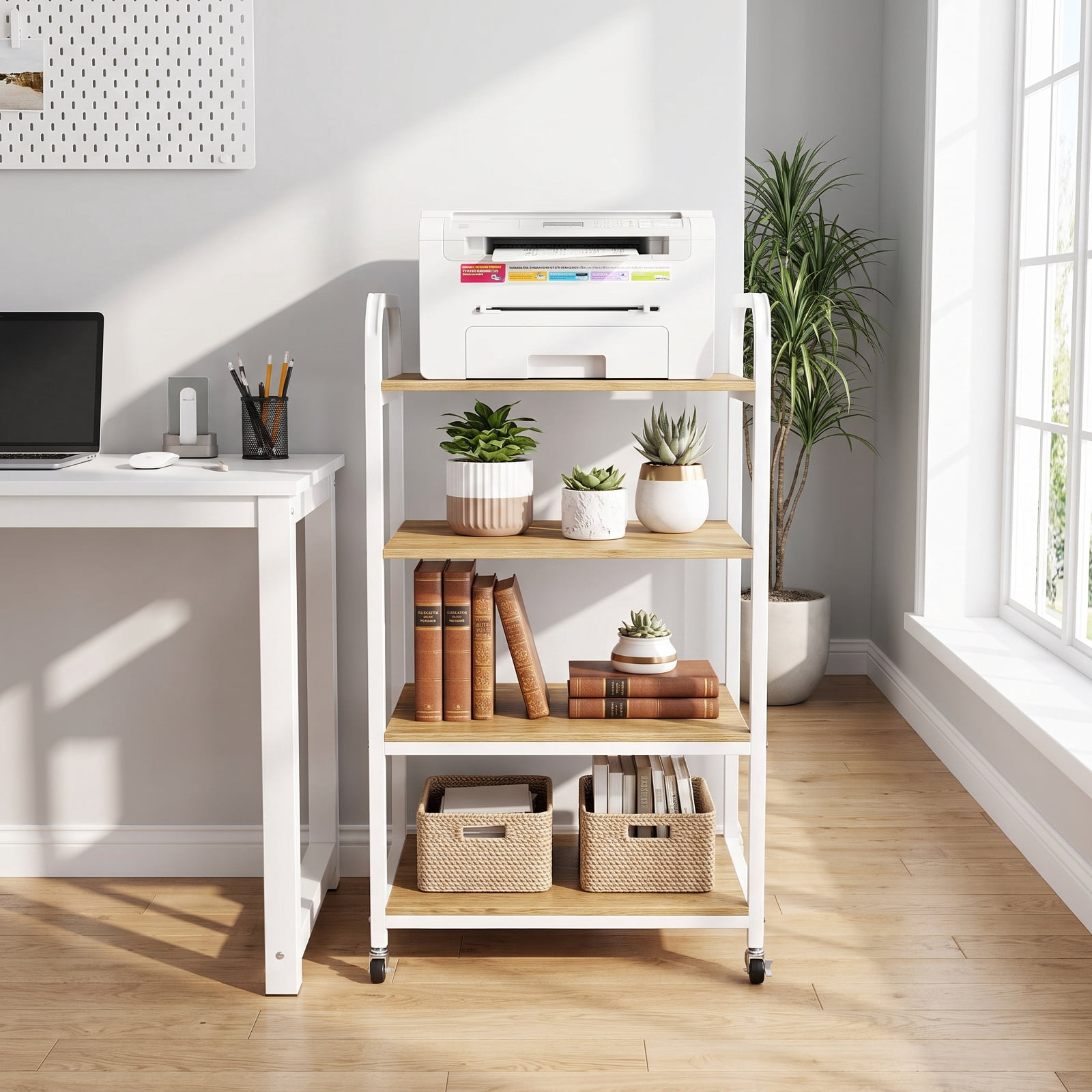 Furnibear 3-Tier Rolling Printer Stand Home Office Large Printer Cart with Storage Shelves for Home Office Printer Machine Under Desk Storage, Natural
