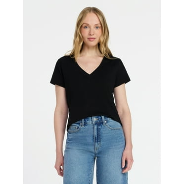 Time and Tru Women's Slub V Neck Tee with Short Sleeves, Sizes XS-XXXL