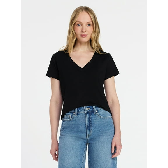 Time and Tru Women's Slub V Neck Tee with Short Sleeves, Sizes XS-XXXL