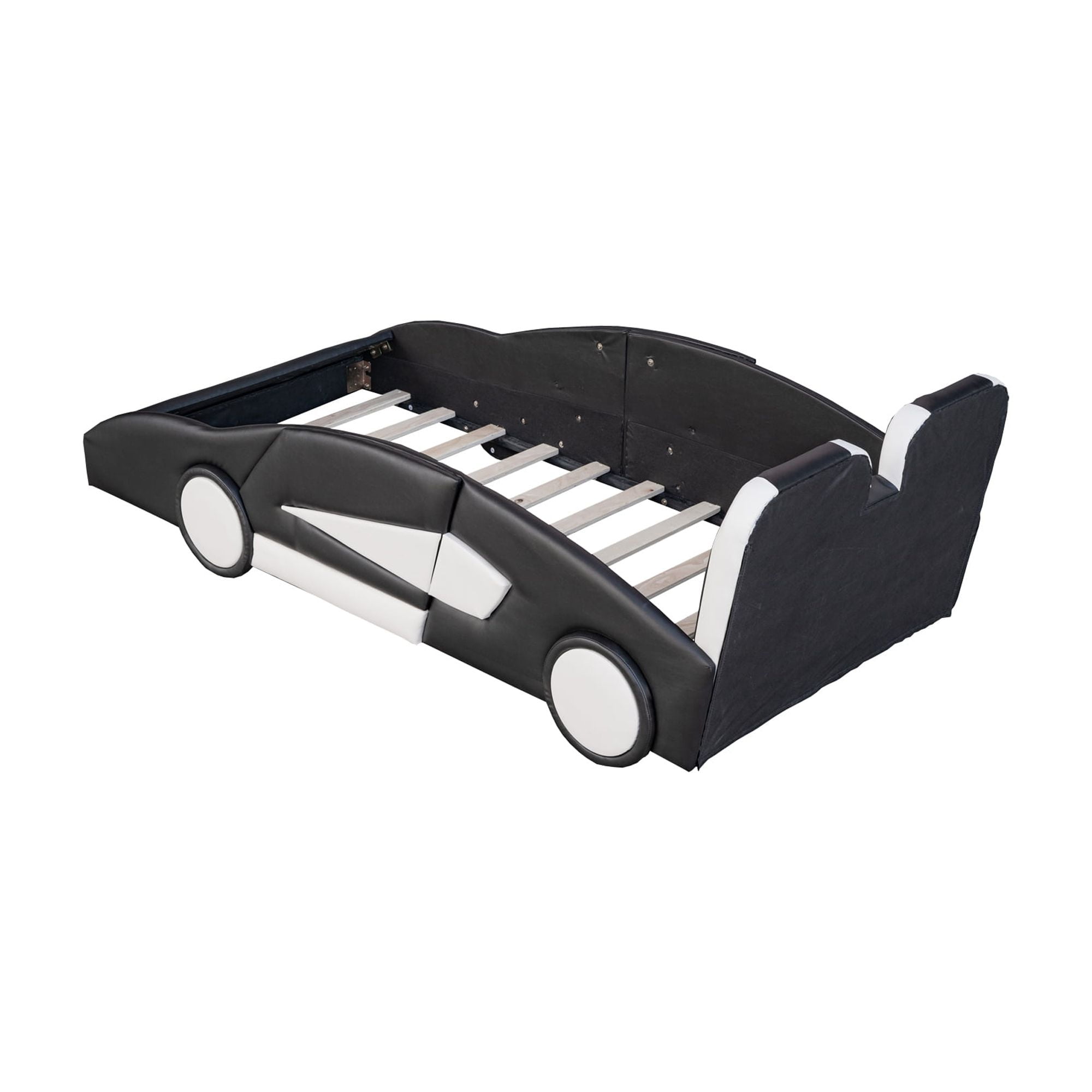 Euroco Modern Wood Race Car-Shaped Twin Platform Bed for Kids Teens Bedroom, Upholstery PU Leather Car Bed for Kids Gift, Black