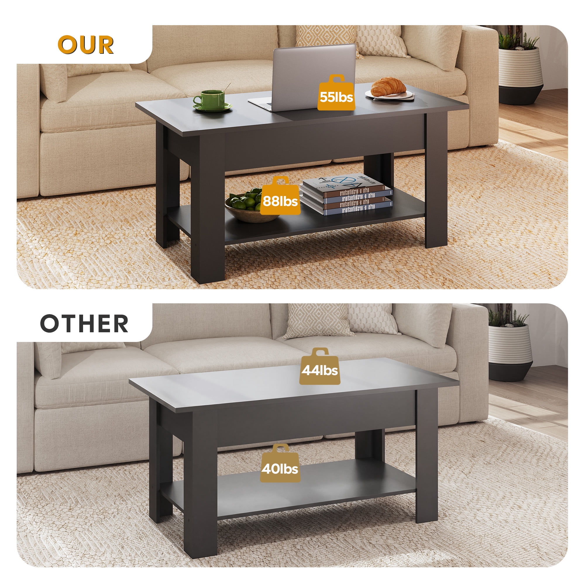 GALAXHERO 39" Lift Top Coffee Table with Storage Shelf & Hidden Compartment and Lifting Top for Home Living Room Office and Reception Room Black