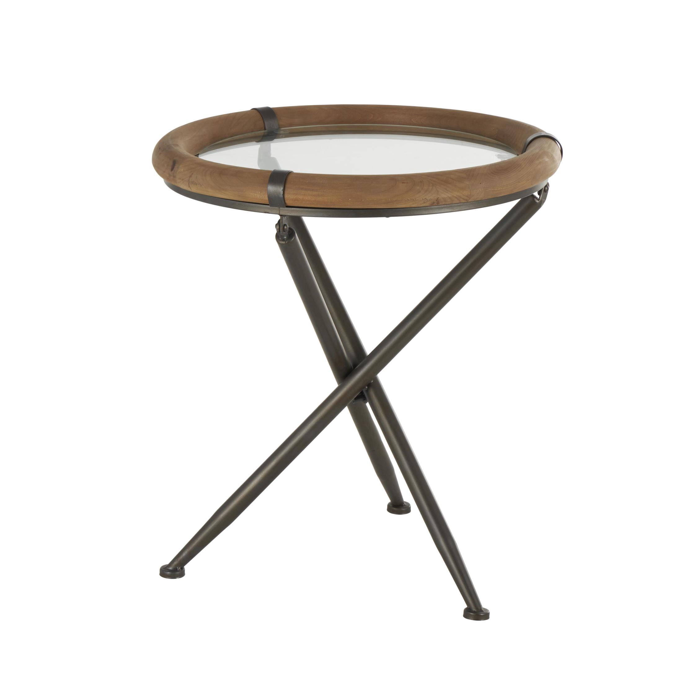 DecMode 20" x 22" Brass Metal Round Accent Table with Brown Wooden Framed Glass Tabletop, 1-Piece