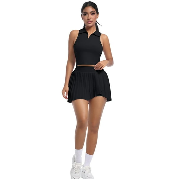 Hpapadks Womens Workout Sets 2 Piece Summer Activewear Sleeveless Solid Lapel Tank Tops Skort Shorts Gym Yoga Workout Tennis Set Yoga Outfits for Women Black L