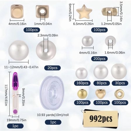 1 bag 990Pcs Bracelet Making Kit Gold Beads Kits White Goden Round Square Heart Star Plastic Pearl Beads for Jewelry Making Necklaces Bracelets Earrings Crafts
