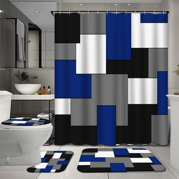 4 Pcs Shower Curtain Set with Rugs for Bathroom Decor,White Yellow Bathroom Shower Curtain Sets,And Gray Geometric Style Triangles Mosaic Grey Abstract Art Bathroom Sets with Shower Curtain and Rugs