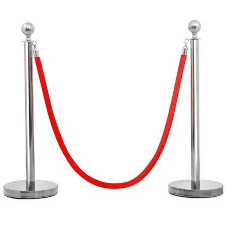 - Yaheetech Round Top Stainless Plated Stanchions, Set of 2 Pcs with 1 of 6.5ft Red Velvet Rope, Silver