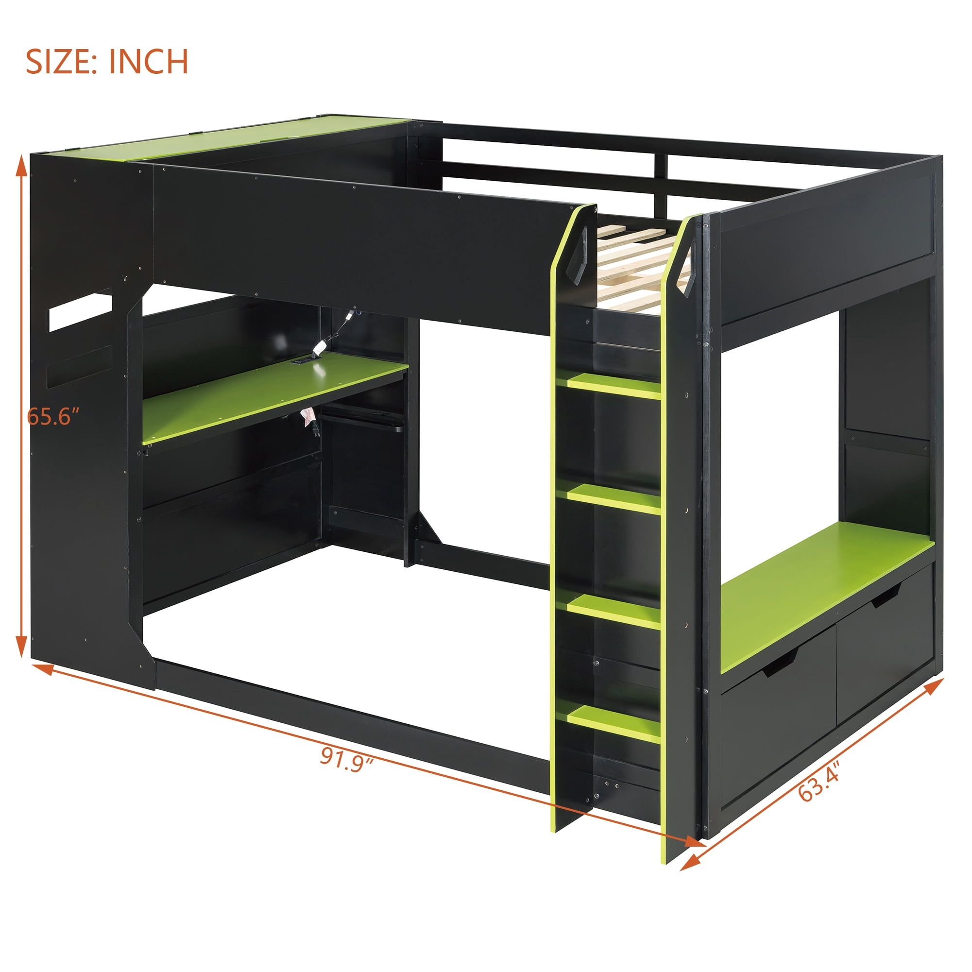 Mintazer Full Gaming Loft Bed with Height Adjustable Desk, Drawers, Storage Compartments, Hanging Rod and RGB Lights for Boys Girls, Black & Green