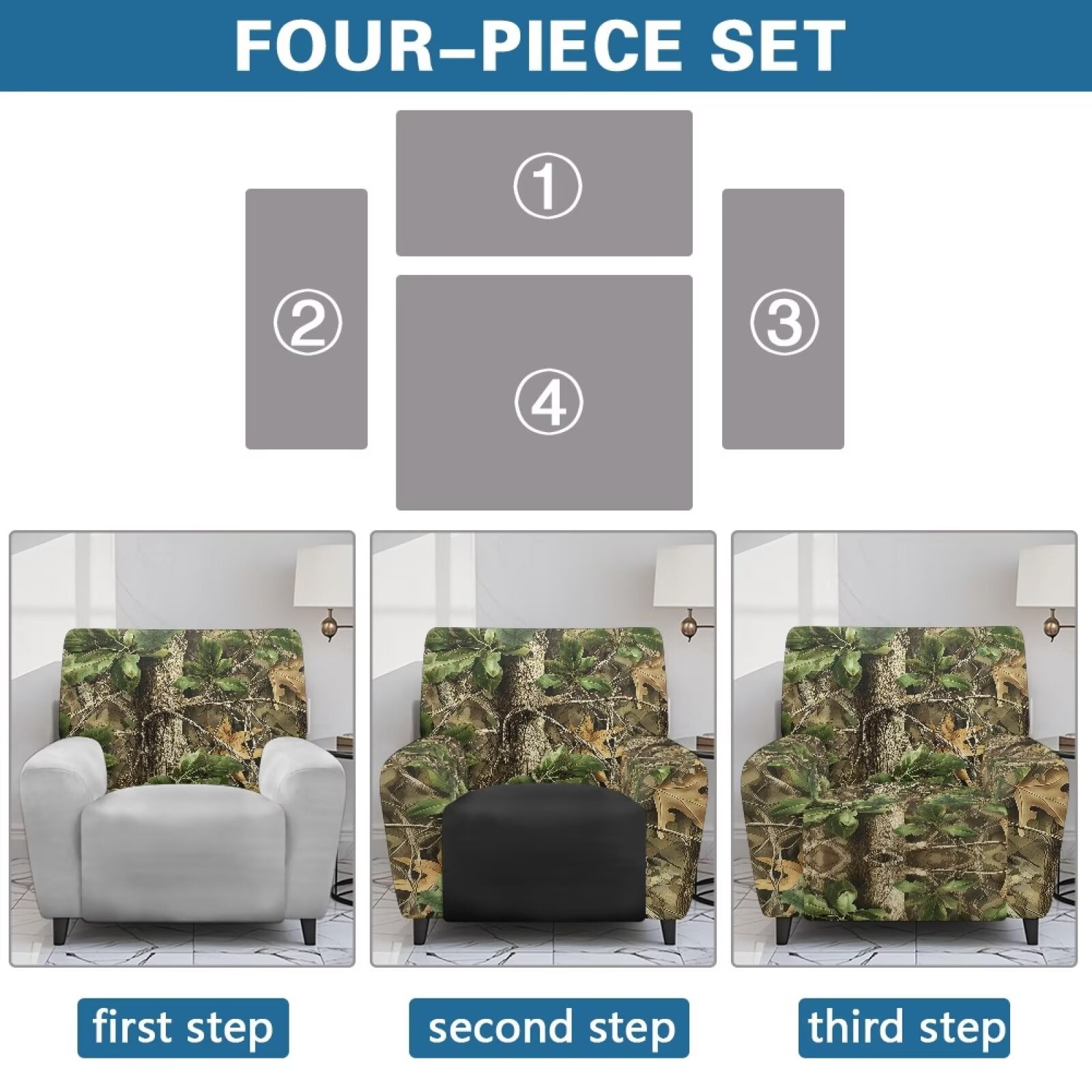 Yuyamidu Camo Reclining Chair Covers 4 Pieces Hunting Recliner Sofa Slipcovers with Pocket Easy to Install Single-Seater Sofa Slipcovers 4 Pieces Soft Furniture Protector